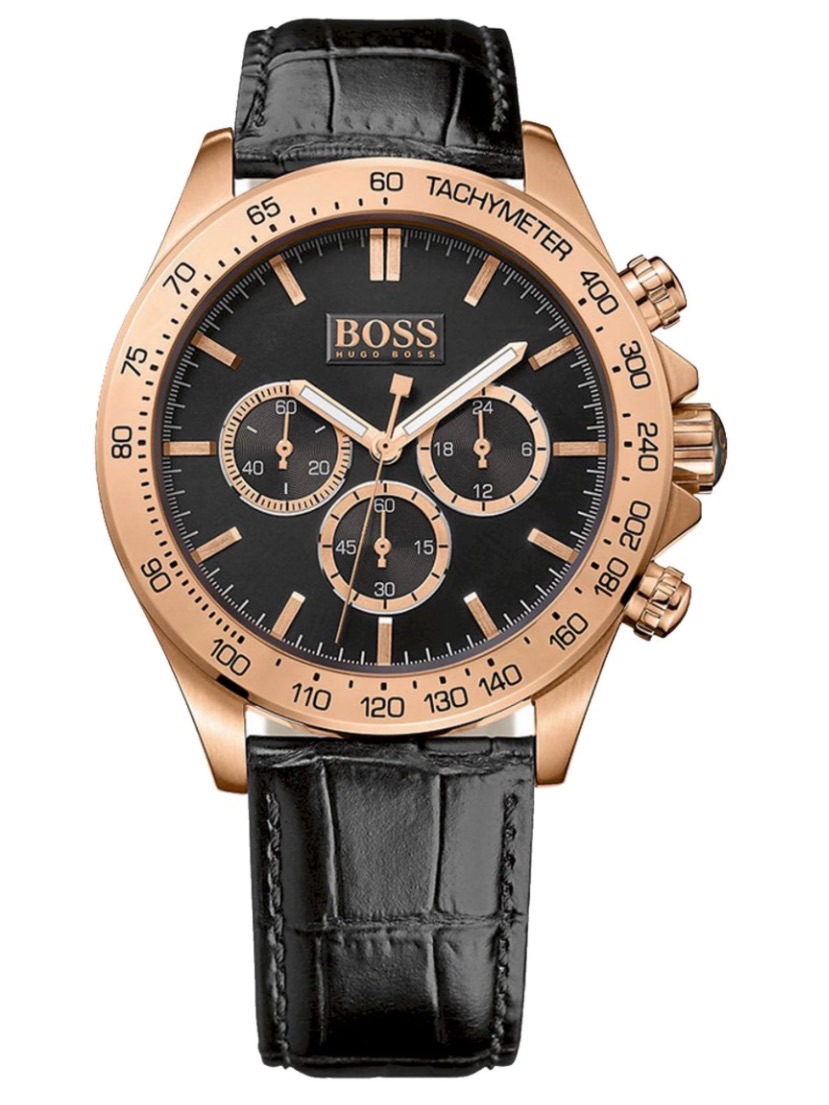 Hugo Boss Rose Gold Case Black Dial Chronograph With Black Leather Strap Mens